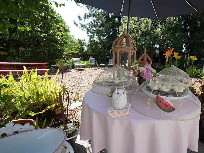 Dessert table styled in a garden for an Aptos afternoon celebration