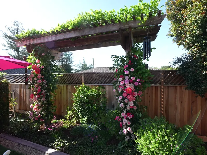Flower-covered arbor beside a catered table at a Watsonville family party