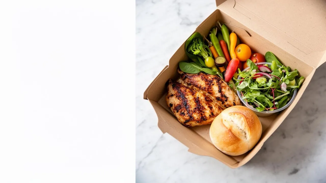 Boxed catering meal with grilled chicken, roasted vegetables and a side salad packed for Watsonville catering delivery