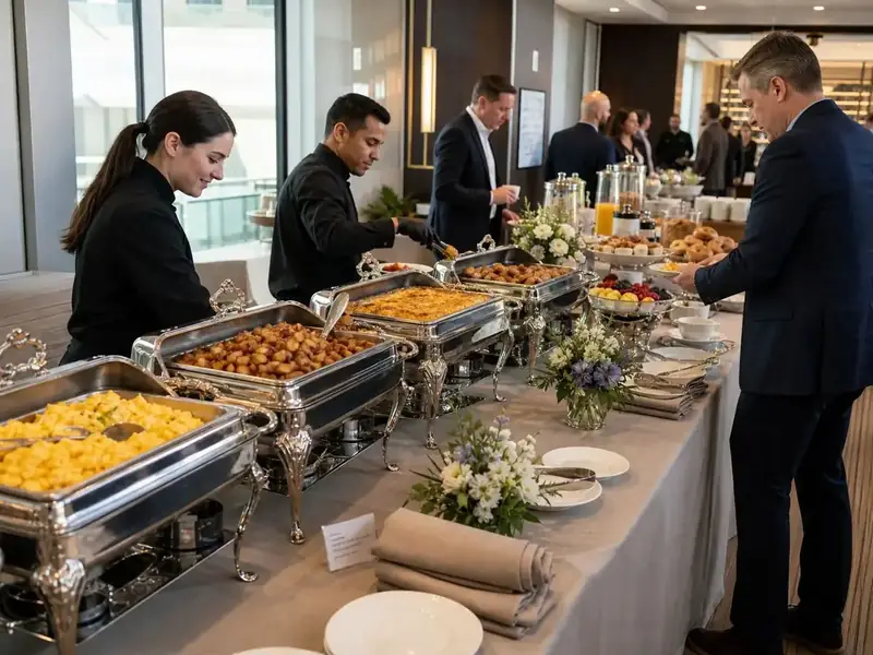 Corporate breakfast and lunch buffet laid out with hot entrees, pastries, fresh fruit, and coffee service — office catering in Santa Cruz, Scotts Valley, and Watsonville