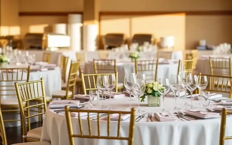 Reception setup of bright white linens, polished tabletop rentals, and golden chairs ready for guests — catering rentals delivered across Santa Cruz County and Scotts Valley
