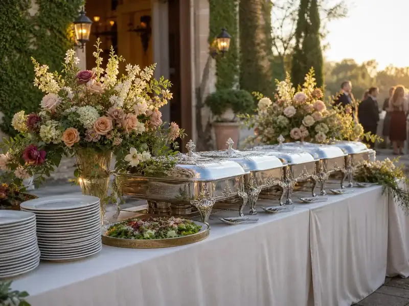 Styled tablescape with linens, glassware, and fresh flowers before service