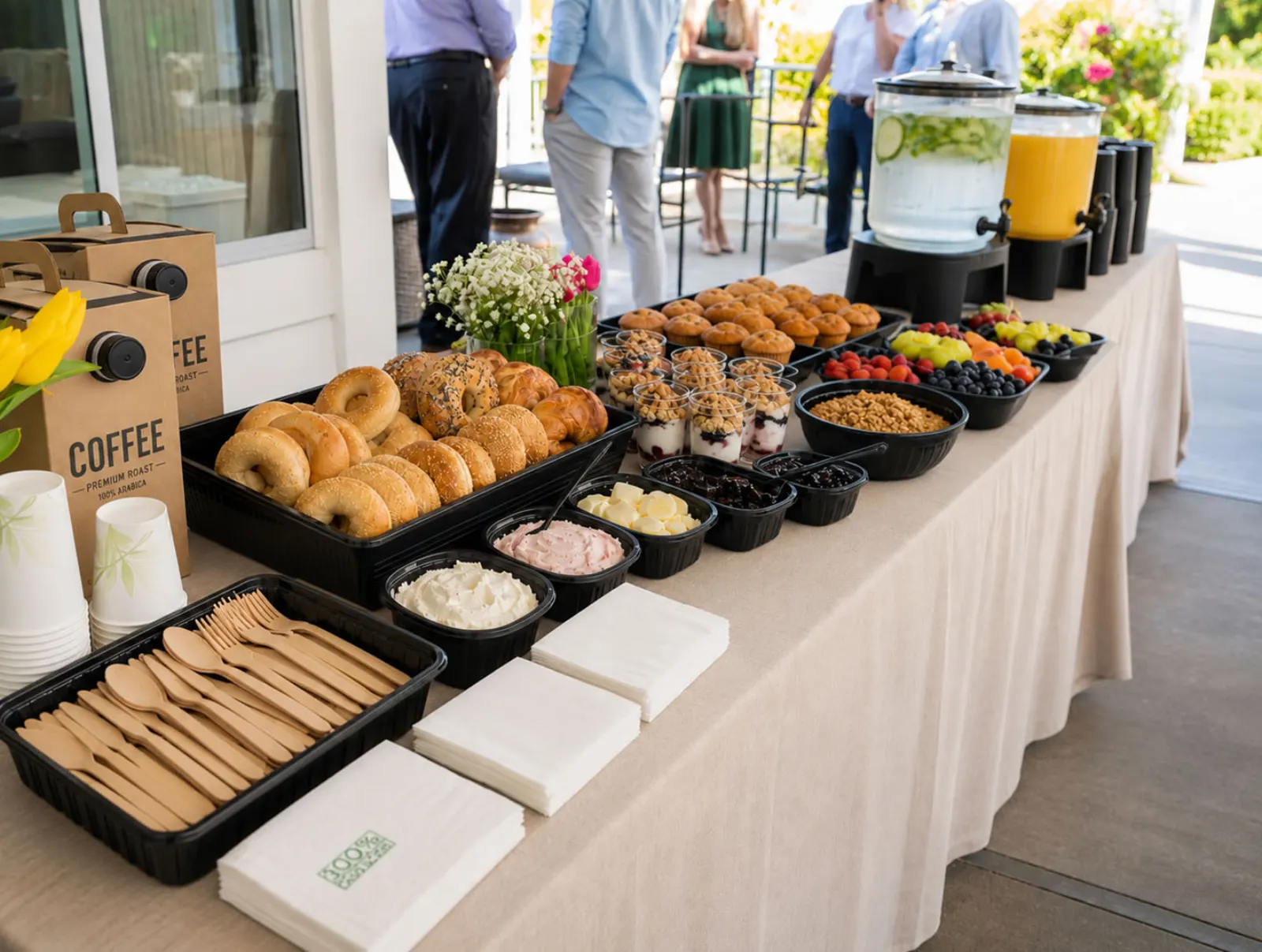 Drop-off continental breakfast display with bagels, muffins, yogurt parfaits with granola, fresh fruit and berries, coffee, iced water, and orange juice on a linen-draped outdoor buffet by Santa Cruz Catering Company