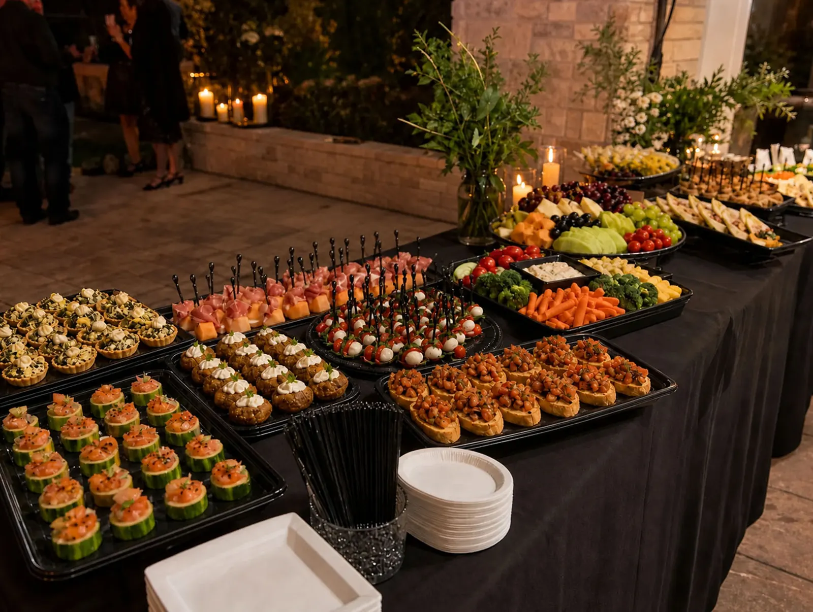 Elegant evening drop-off appetizer station with caprese skewers, prosciutto and melon, bruschetta, stuffed mushrooms, smoked salmon cucumber cups, artichoke tartlets, crudité, fresh fruit and cheese trays, and candlelit florals by Santa Cruz Catering Company