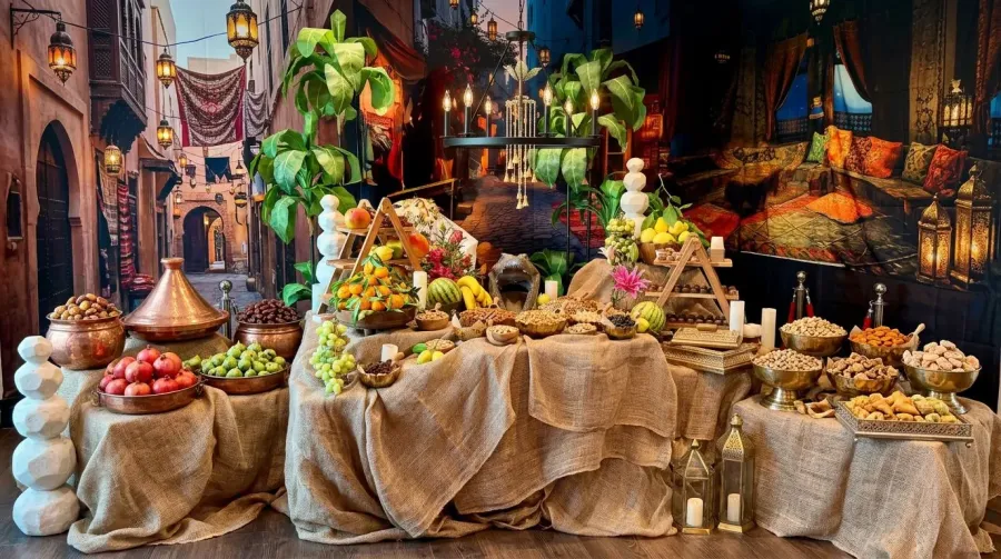 Jewel-toned grazing display of dried fruit, nuts and honeyed sweets dressed with dramatic blooms and greenery — themed floral styling for UCSC catering events