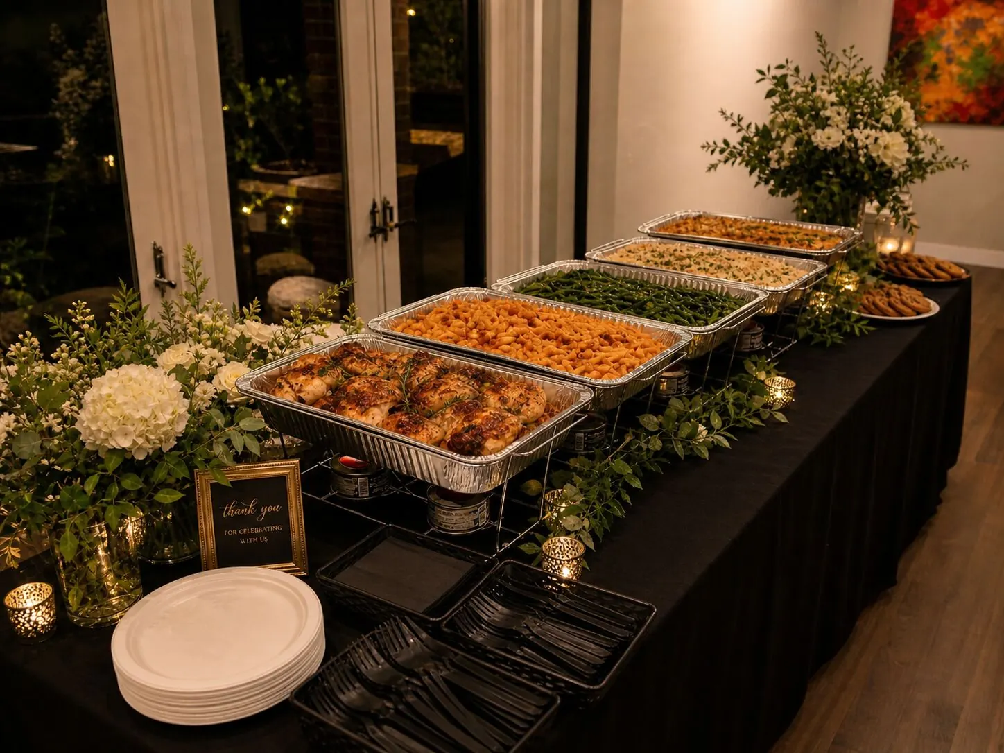 Delivered dinner buffet of roasted chicken, pasta and sides set on a candlelit table brightened with small blossom arrangements — dinner florals for Soquel catering