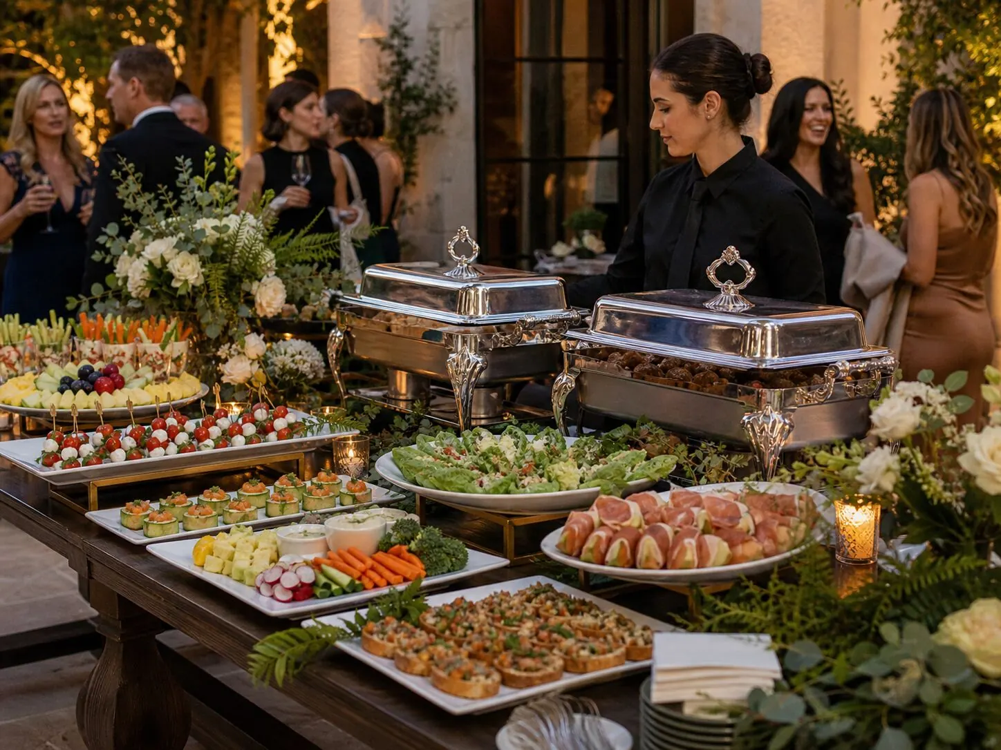 Attended appetizer station where silver chafers and skewers share the table with low floral clusters — starter station florals for Santa Cruz catering