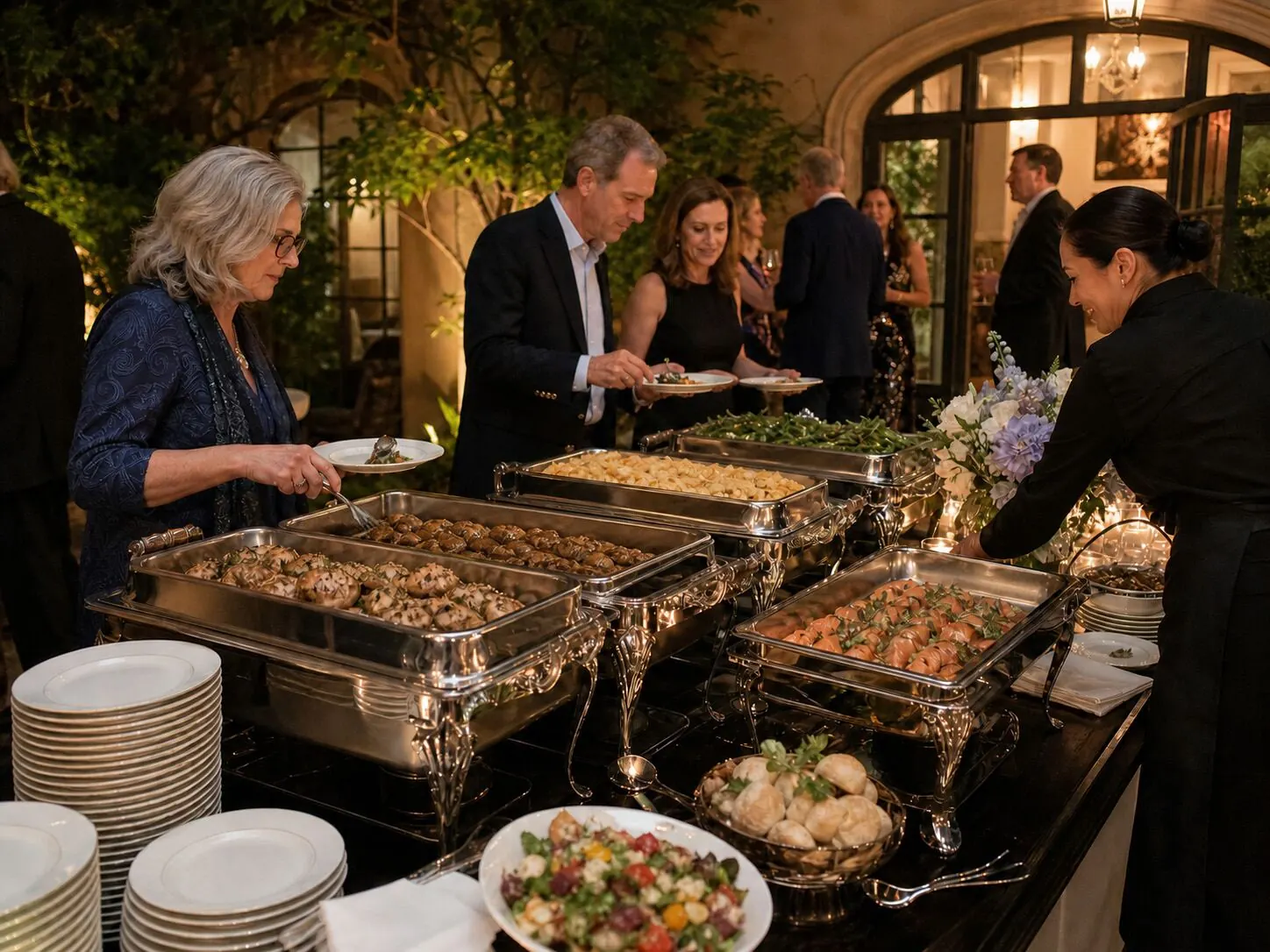 Staffed full-service dinner line with carved entrees and roasted seasonal vegetables at a Capitola reception catered by Santa Cruz Catering Company