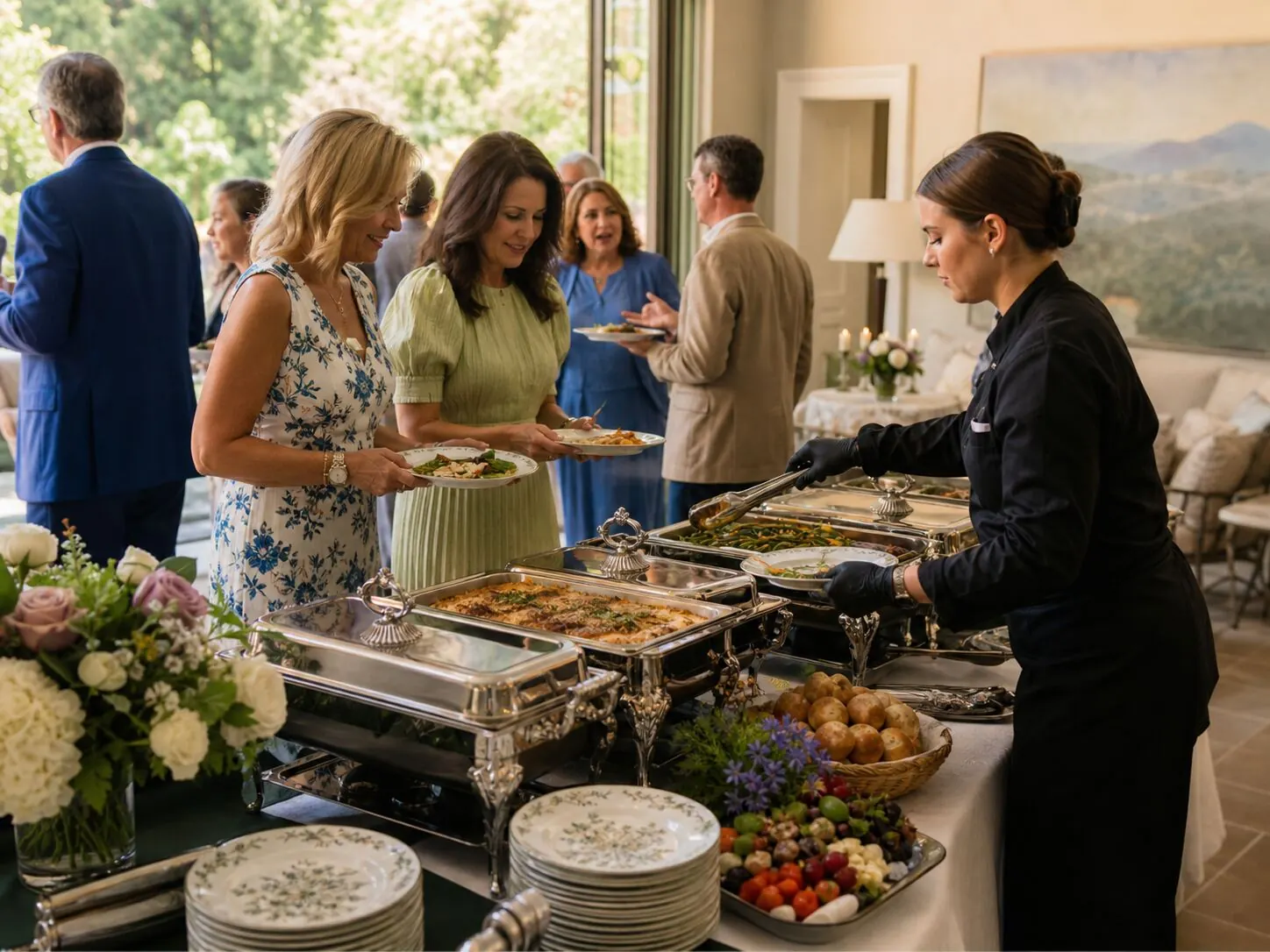 Server plating guests one by one at a sun-filled estate lunch buffet of silver chafers and fresh salads — full service Capitola catering for daytime celebrations near the village