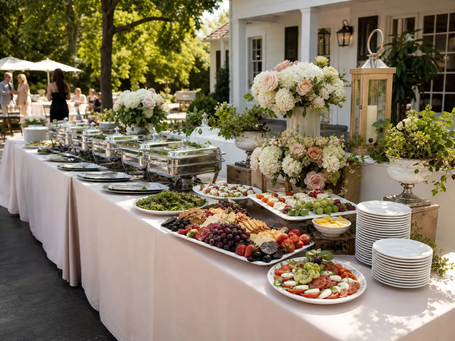 Open-air buffet pairing silver chafers and charcuterie boards with garden arrangements spaced down the table — outdoor floral styling for Live Oak catering